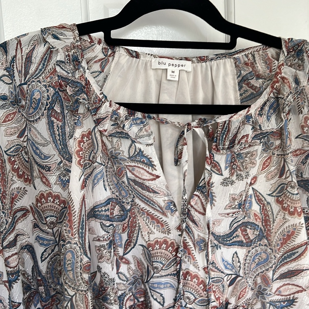 Blu Pepper Paisley Tinsel Metallic Detail Sheer Baby Doll Top Blouse Long Sleeve - Picture 2 of 4